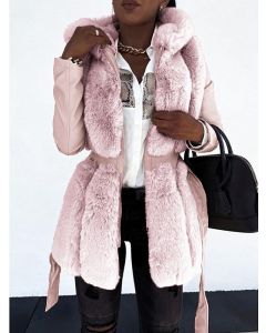 Pink Zipper Belt Lace Up Fluffy Hooded Fur Collar Fashion Faux Fur Coat