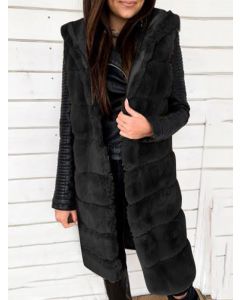 Manteau capuche moelleuse sans manches gilet mode grande taille fausse fourrure noir
