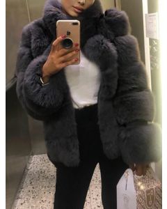 Dark Grey Fluffy Band Collar Long Sleeve Fashion Faux Fur Coat