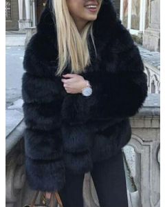 Abrigo con capucha esponjosa manga larga piel sintética de talla grande A la moda negro