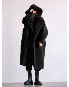 Schwarze Knöpfe Taschen Flauschige Kapuze Mode Plus Größe Lammwolle Teddy Mantel