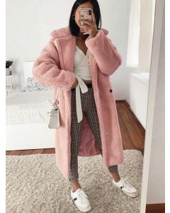 Pink Buttons Pockets Fluffy Turndown Collar Fashion Lamb Wool Teddy Coat