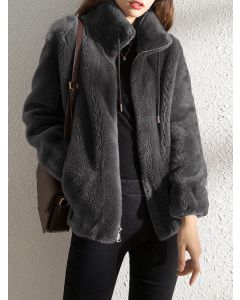 Manteau poches zippées avec cordon de serrage moelleux col montant mode gris