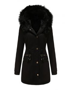 Black Single Breasted Pockets Drawstring Hooded Fur Collar Fashion Plus Size Parka