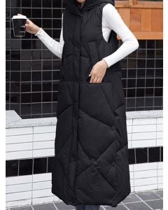 Schwarze Knöpfe Taschen mit Kapuze ärmellose Modeweste gepolsterter Mantel