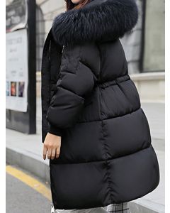 Black Drawstring Pockets Hooded Fur Collar Fashion Padded Coat