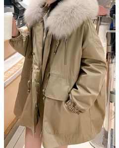 Khaki Zipper Pockets Drawstring Hooded Fur Collar Fashion Parka