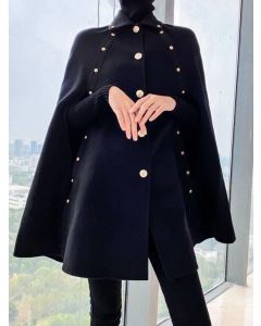 Black Single Breasted Turndown Collar Fashion Cape Wool Coat