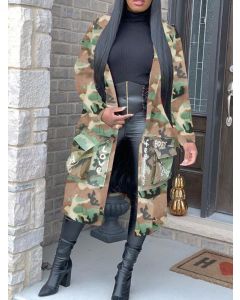 Army Green Camouflage Letter Print Pockets Turndown Collar Fashion Trench Coat
