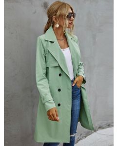 Green Double Breasted Belt Buckle Turndown Collar Fashion Trench Coat