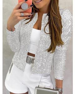 Silver Sequin Sparkly Round Neck Long Sleeve Fashion Jacket