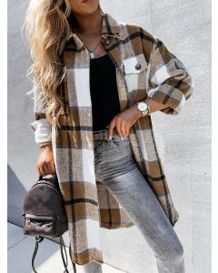Khaki Plaid Single Breasted Pockets Turndown Collar Fashion Wool Coat