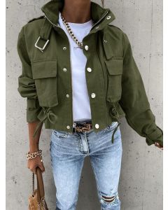 Army Green Single Breasted Pockets Drawstring Buckle Band Collar Fashion Jacket