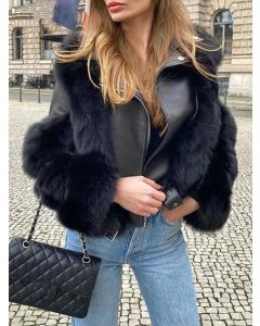 Black Patchwork Zipper Belt Turndown Collar Fashion Plus Size Faux Fur Coat