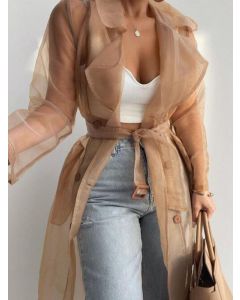Khaki Double Breasted Belt Lace Up Turndown Collar Fashion Trench Coat