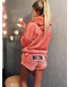 Pink Embroidery Hooded Fluffy Cute Pajama Set