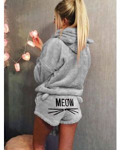 Grey Embroidery Hooded Fluffy Cute Pajama Set