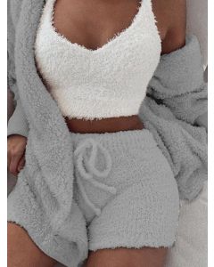 Grey Condole Belt Drawstring Three Piece Fluffy V-neck Fashion Pajama Sets