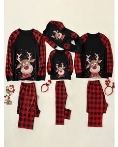 Red Plaid Christmas Elk Print Long Sleeve Casual Family Pajama