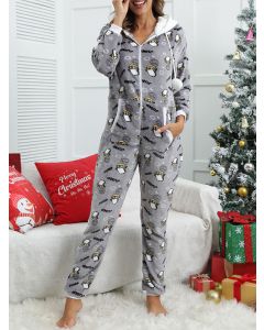 Light Grey Letter Penguin Print Drawstring Pockets Hooded Casual Christmas Pajama Jumpsuit