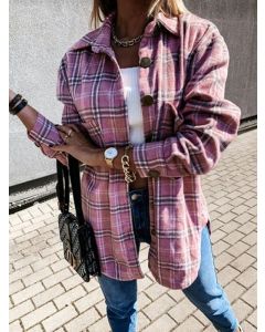 Pink Plaid Single Breasted Pockets Turndown Collar Casual Blouse Jacket