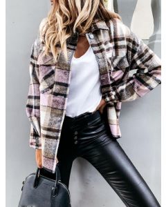 Rosa karierte einreihige Taschen Turndown-Kragen-Mode-Blusen-Jacke