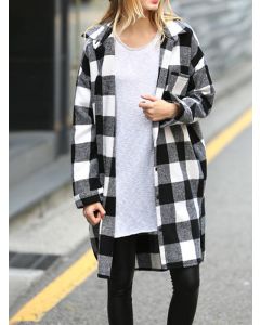 White Plaid Single Breasted Pockets Turndown Collar Casual Blouse Jacket