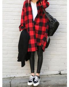 Red Plaid Single Breasted Pockets Turndown Collar Casual Blouse Jacket