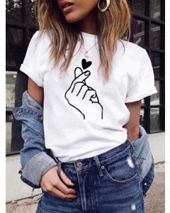 White Heart Pattern Comfy Round Neck Short Sleeve Fashion T-Shirt