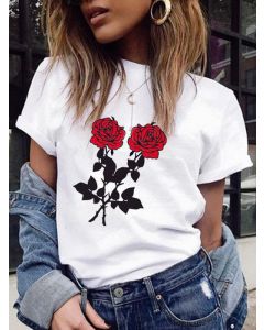 White Rose Flower Pattern Comfy Short Sleeve Fashion T-Shirt