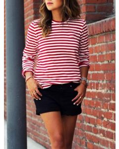 Red Striped Round Neck Long Sleeve Going out T-Shirt