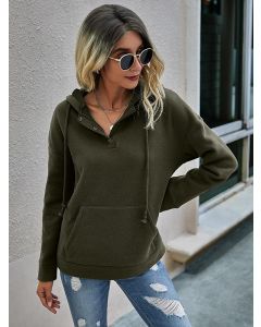 Army Green Pockets Drawstring Buttons Hooded Long Sleeve Fashion Sweatshirt