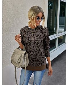 Khaki Leopard Pockets Drawstring Hooded Long Sleeve Fashion Sweatshirt