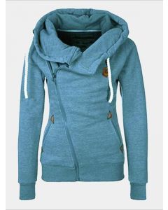 Blue Zipper Drawstring Pockets Hooded Long Sleeve Fashion Plus Size Sweatshirt