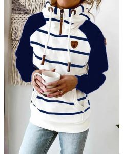 Navy Blue Patchwork Striped Zipper Drawstring Pockets Hooded Long Sleeve Fashion Sweatshirt
