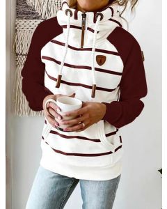 Wine Red Patchwork Striped Zipper Drawstring Pockets Hooded Long Sleeve Fashion Sweatshirt