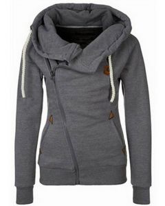 Dark Grey Zipper Drawstring Pockets Hooded Long Sleeve Fashion Plus Size Sweatshirt