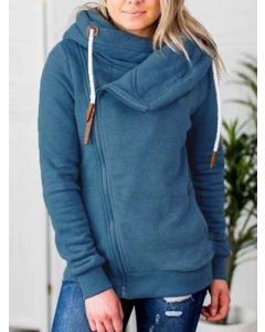 Blue Zipper Drawstring Pockets Hooded Long Sleeve Fashion Sweatshirt