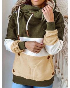 Green Patchwork Color Block Drawstring Pockets Hooded Long Sleeve Fashion Sweatshirt
