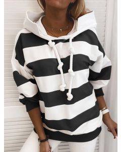 Black Striped Drawstring Knot Hooded Long Sleeve Fashion Sweatshirt