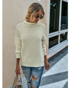 White Striped Crochet High Neck Long Sleeve Fashion Sweater