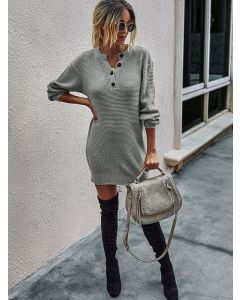 Grey Buttons Bodycon Long Sleeve Fashion Mini Sweater Dress