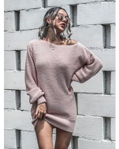 Pink Crochet Off Shoulder Lantern Sleeve Fashion Mini Sweater Dress