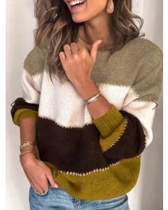Green Patchwork Striped Crochet Long Sleeve Fashion Plus Size Sweater