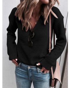 Black Crochet V-neck Long Sleeve Going out Pullover Sweater