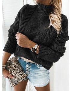 Black Twist Crochet High Neck Long Sleeve Fashion Sweater
