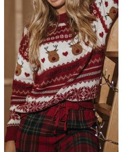 Red Christmas Tree Elk Print Crochet Long Sleeve Fashion Sweater