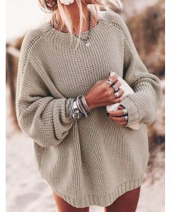 Khaki Crochet Oversize Round Neck Dolman Sleeve Fashion Sweater