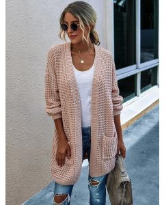 Pink Pockets Crochet Oversize Long Sleeve Casual Cardigan Sweater