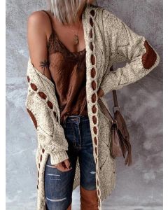 Apricot Patchwork Crochet Hooded Long Sleeve Fashion Plus Size Cardigan Sweater